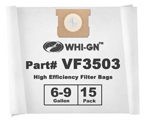 whi-gn vf3503 replacement bags size b, compatible with rigid 6-9 gallon wet/dry vacs (15 pack)