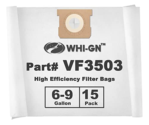 WHI-GN VF3503 Replacement Bags Size b, compatible with Rigid 6-9 Gallon Wet/Dry Vacs (15 Pack)