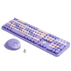 wireless keyboard and mouse combo - soueto retro round keycap typewriter keyboard with phone tablet holder, 2.4ghz wireless optical mouse with 3 dpi for pc, laptop, macbook, windows (purple)