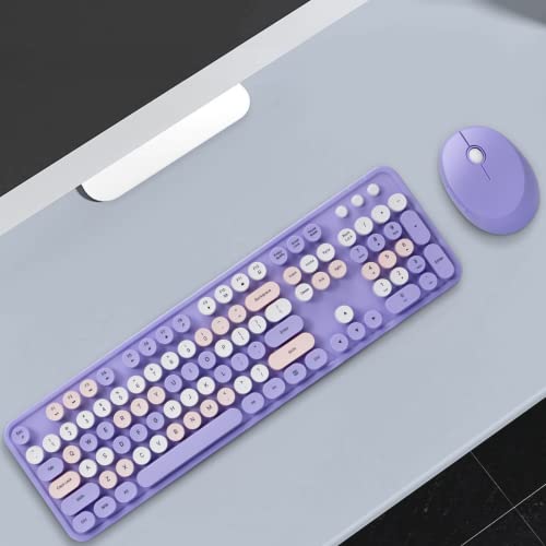 Wireless Keyboard and Mouse Combo - Soueto Retro Round Keycap Typewriter Keyboard with Phone Tablet Holder, 2.4GHz Wireless Optical Mouse with 3 DPI for PC, Laptop, MacBook, Windows (Purple)