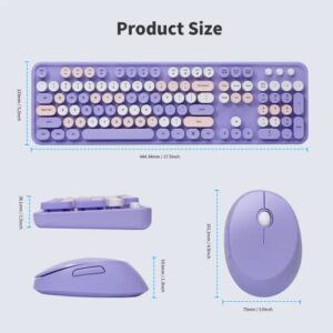 Wireless Keyboard and Mouse Combo - Soueto Retro Round Keycap Typewriter Keyboard with Phone Tablet Holder, 2.4GHz Wireless Optical Mouse with 3 DPI for PC, Laptop, MacBook, Windows (Purple)