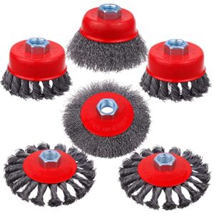 rocaris 6 pack wire wheel cup brush, 3 & 4 inch twisted knotted & coarse crimped cup brush for angle grinders, 5/8 -11 inch threaded arbor