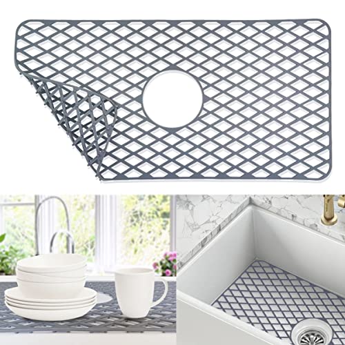 Silicone Sink Protector Mat for Kitchen Sink, 24.8"x13" Mucco Center Drain Sink saver Kitchen Sink Mat Grid, Grey Anti-slip Heat Resistant Sink Mat 1 Pcs for Farmhouse Porcelain Stainless Steel Sink