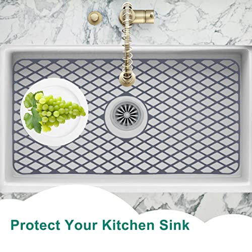 Silicone Sink Protector Mat for Kitchen Sink, 24.8"x13" Mucco Center Drain Sink saver Kitchen Sink Mat Grid, Grey Anti-slip Heat Resistant Sink Mat 1 Pcs for Farmhouse Porcelain Stainless Steel Sink