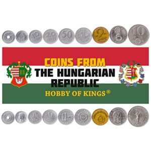 9 coins from hungary | hungarian coin set collection 2 5 10 20 50 filler 1 2 5 10 forint | circulated 1967-1981 | lajos kossuth | dove | liberty statue | elisabeth bridge