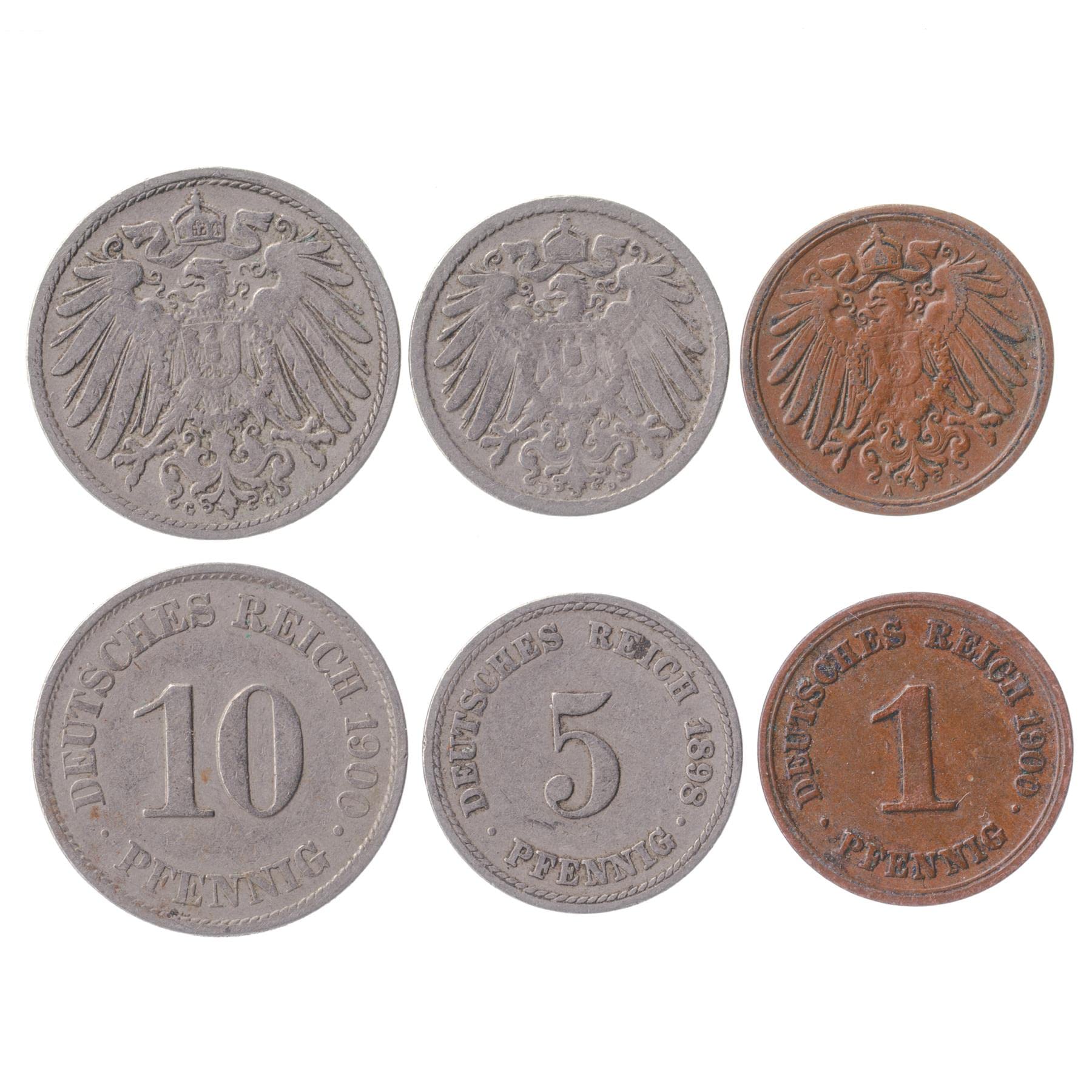 3 Coins from Germany | German Coin Set Collection 1 5 10 Pfennig | Circulated 1890-1903 | Imperial Eagle