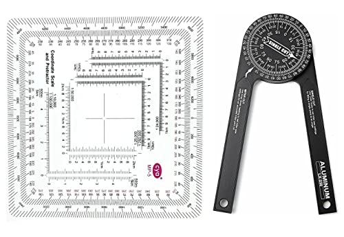 Gotical - Combo of 2 - Flexible Plastic Military Coordinate Scale Protractor MILS map Protractor & 360° Aluminum Angle Finder Miter Saw Protractor Woodworking Measuring Ruler Tool