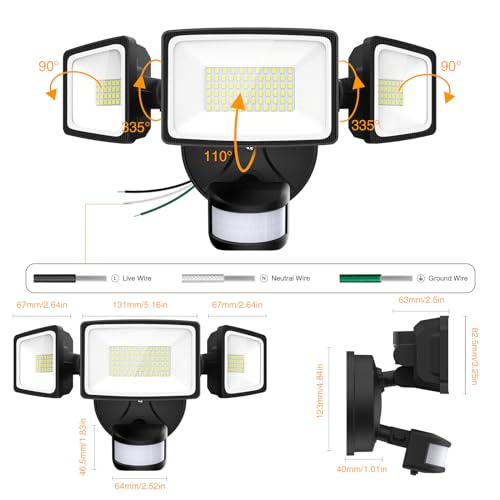 Onforu 2 Pack 65W LED Motion Sensor Outdoor Lights, 6500LM 6500K IP65 Waterproof Security Lights Motion Outdoor Flood Lights Fixture Detection Detector 3 Adjustable Heads for Eave Yard Garage Wall