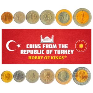 6 coins from turkey | turkish coin set collection 1 5 10 25 50 yeni kurus 1 yeni lira | circulated 2005-2008 | mustafa kemal atatürk | crescent and star
