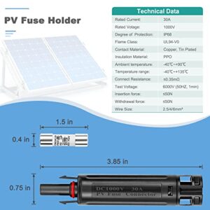 PRECIHW 30A PV Fuse Connector, Solar Fuse Holder, in-Line Solar Fuse Connector, IP68 Waterproof 1000V Male and Female Solar Fuse Connector, 30 Amp Fuse for Solar System