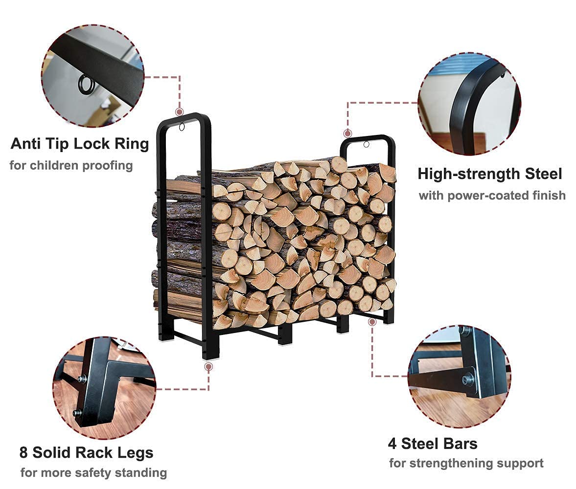 Artibear Firewood Rack Stand 4ft With Log Holder Cover For Outdoor Indoor Fireplace Wood Pile Storage Stacker Organizer