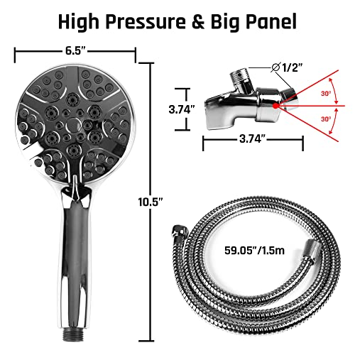 Shower Head with Handheld Anti-clog Nozzles, Powerful Jet Spray, 5 ft Stainless Steel Hose 8-Functions Shower Head Mounting Accessories Included