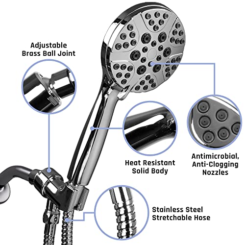 Shower Head with Handheld Anti-clog Nozzles, Powerful Jet Spray, 5 ft Stainless Steel Hose 8-Functions Shower Head Mounting Accessories Included