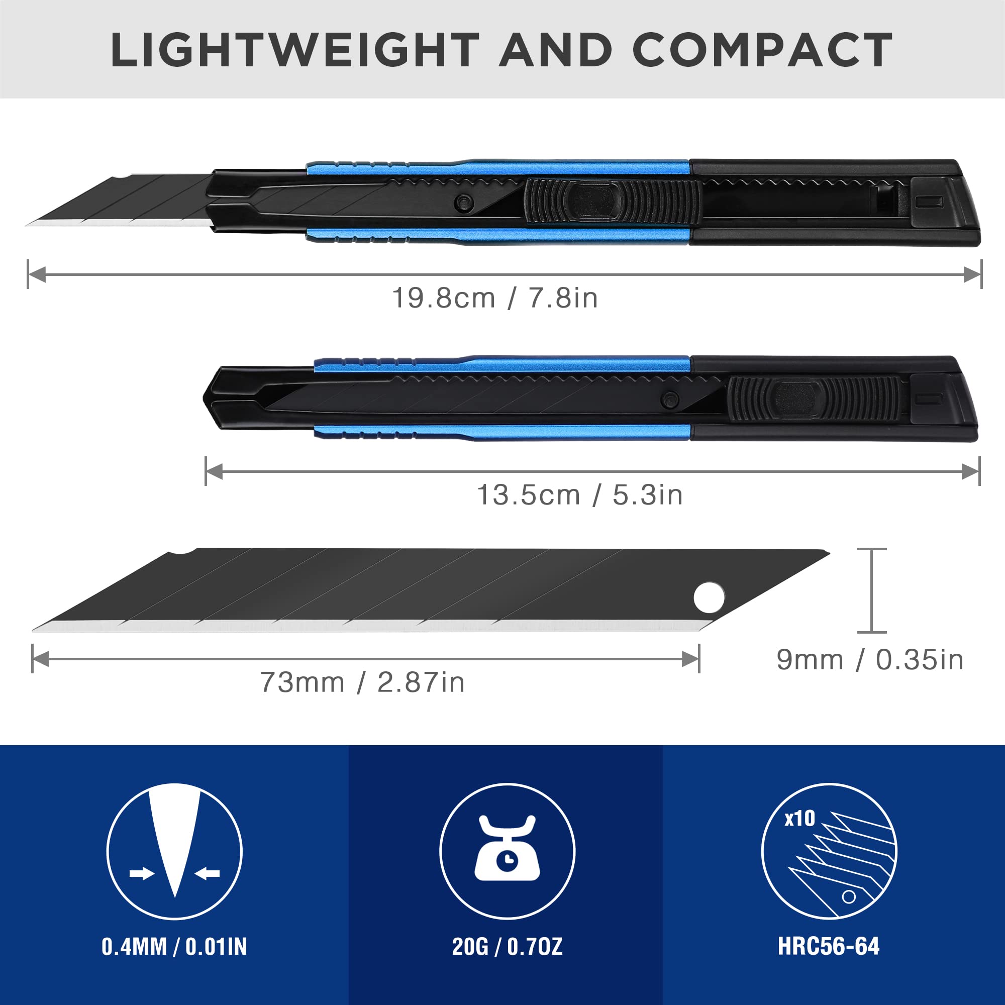 WORKPRO Premium Utility Knife Retractable Snap-off Blade, Heavy Duty Aluminum Box Cutter Set, Razor Knife Exacto Craft Knives, with 10 Extra 9mm Blades, Pack of 5