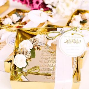 pack of 10 personalized ayatul kursi magnet islamic party favors gifts, ayatul kursi magnet engraved on gold acrylic wooden backed wrapped with rope with floral ornaments in decorated gift box