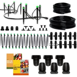 carpathen drip irrigation kit - adjustable premium garden watering system for raised garden bed, yard, lawn + 6 pcs drip irrigation parts - 3 x female thread adapter + 3 end plugs for 5/16 mainline