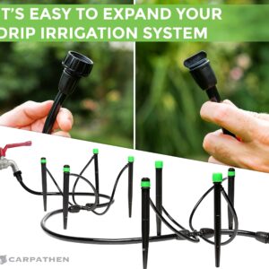 CARPATHEN Drip Irrigation Kit - Adjustable Premium Garden Watering System for Raised Garden Bed, Yard, Lawn + 6 pcs Drip Irrigation Parts - 3 x Female Thread Adapter + 3 End Plugs for 5/16 Mainline