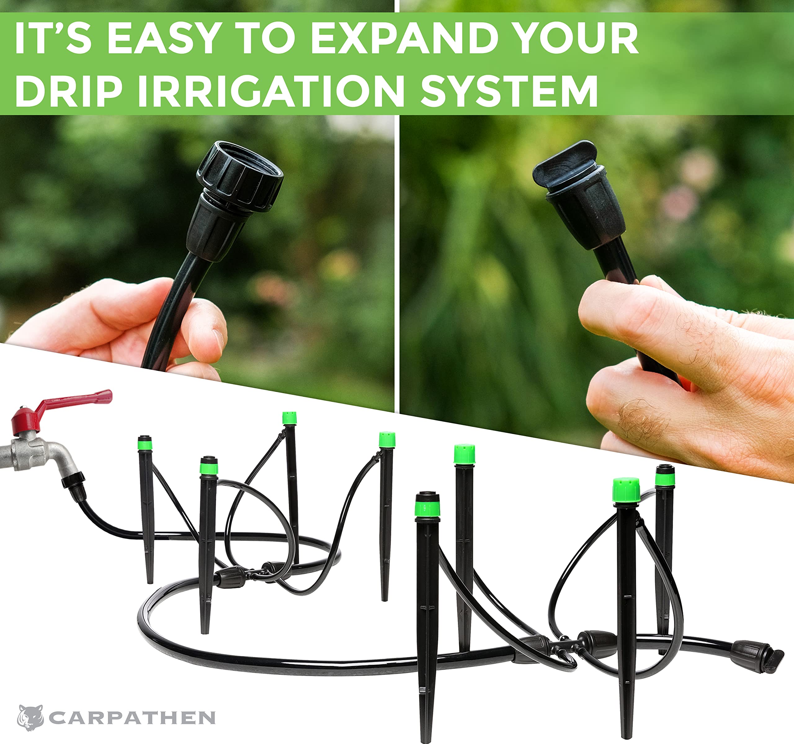 CARPATHEN Drip Irrigation Kit - Adjustable Premium Garden Watering System for Raised Garden Bed, Yard, Lawn + 6 pcs Drip Irrigation Parts - 3 x Female Thread Adapter + 3 End Plugs for 5/16 Mainline