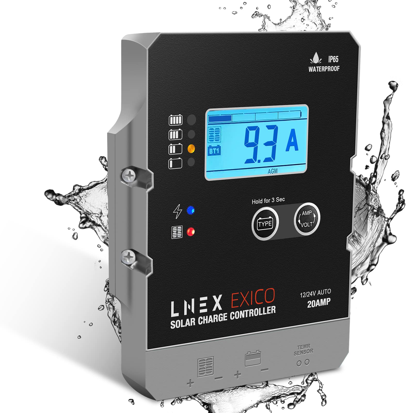 LNEX Solar Charge Controller Waterproof, 20A Super Thin Solar Panel Battery Intelligent Regulator with LCD Display 12V/24V PWM Solar Controller for LiFePO4,AGM, Gel, Flooded and Lithium Battery