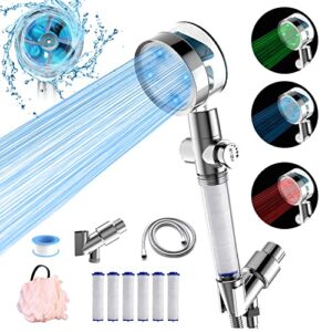 led shower head with handheld & 3-color water temperature-controlled changing light,turbo fan high pressure hydro jet detachable shower head kit,filtered shower head with hose, holder & 6 filters