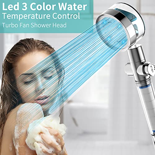 LED Shower Head with Handheld & 3-Color Water Temperature-Controlled Changing Light,Turbo Fan High Pressure Hydro Jet Detachable Shower Head Kit,Filtered Shower Head with Hose, Holder & 6 Filters