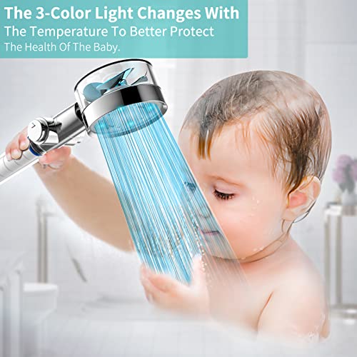 LED Shower Head with Handheld & 3-Color Water Temperature-Controlled Changing Light,Turbo Fan High Pressure Hydro Jet Detachable Shower Head Kit,Filtered Shower Head with Hose, Holder & 6 Filters