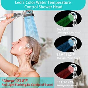 LED Shower Head with Handheld & 3-Color Water Temperature-Controlled Changing Light,Turbo Fan High Pressure Hydro Jet Detachable Shower Head Kit,Filtered Shower Head with Hose, Holder & 6 Filters