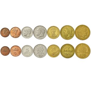 7 coins from greece,greek coin set collection 1 2 5 10 20 50 100 drachmes,circulated 1982,2000,alexander the great,laskarina bouboulina,aristotle,democritus,dionysios solomos,homer,anchor,atom,cannon