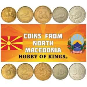 5 coins from north macedonia | macedonian coin set collection 1 2 5 10 50 denari | circulated 1993-2020 | balkan lynx | peacock | sarplaninac dog | trout | archangel gabriel