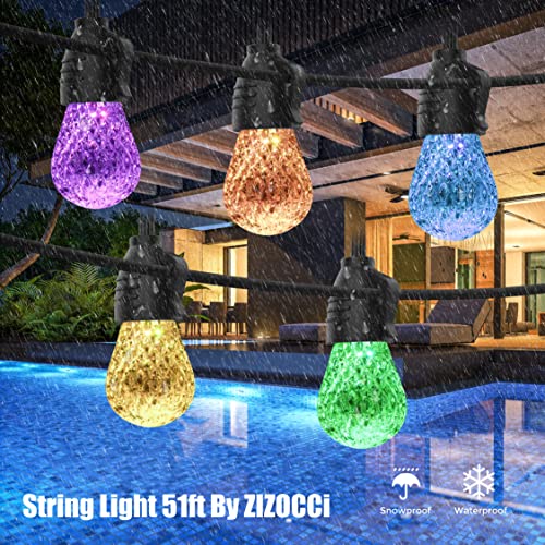 ZIZOCCI String Lights for Outside, String Lights Outdoor, String Lights Indoor, 51ft Patio Shatterproof Waterproof, Remote Control & App, Wedding, Christmas, Birthday, Balcony, Garden Party