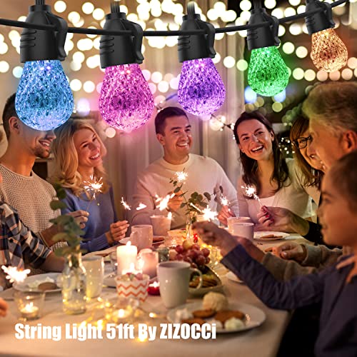 ZIZOCCI String Lights for Outside, String Lights Outdoor, String Lights Indoor, 51ft Patio Shatterproof Waterproof, Remote Control & App, Wedding, Christmas, Birthday, Balcony, Garden Party