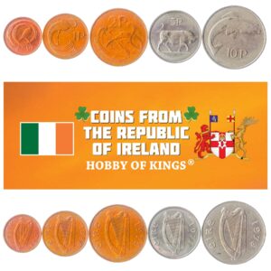 5 coins from ireland | irish coin set collection 1/2 1 2 5 10 pence | circulated 1969-1990 | bull | salmon | celtic harp