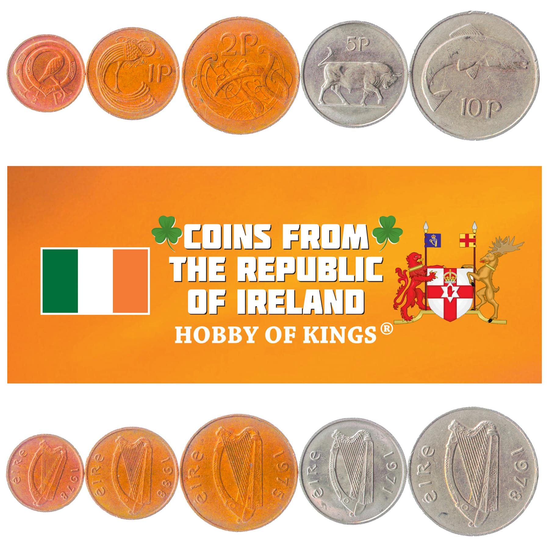 5 Coins from Ireland | Irish Coin Set Collection 1/2 1 2 5 10 Pence | Circulated 1969-1990 | Bull | Salmon | Celtic Harp