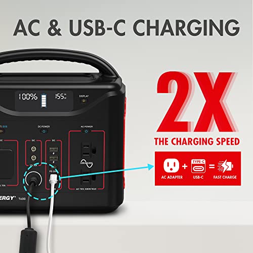 Tenergy T600 Portable Power Station, 600Wh Battery, 3x 500W (Peak 1000W) AC Outlets, USB type C PD 100W, Solar Ready Mobile Power for Outdoors Camping Vans, RV, Emergency Backup