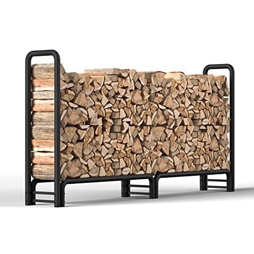 SZJHXIN 8ft Firewood Rack Outdoor, Black Steel Wood Holder, Stores 1/2 Cord of Firewood