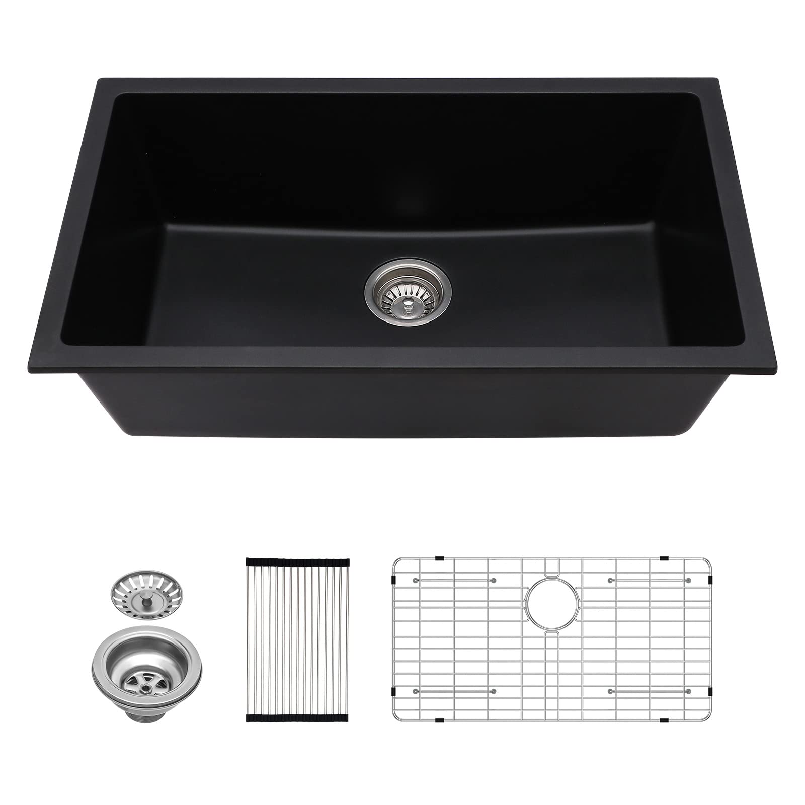 Lordear Granite Composite Kitchen Sink 31×18 Inch Quartz Undermount Kitchen Sink 31" Kitchen Sink Granite Composite Metallic Black Deep Single Bowl Kitchen Sinks with Accessories