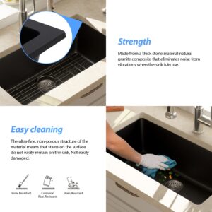 Lordear Granite Composite Kitchen Sink 31×18 Inch Quartz Undermount Kitchen Sink 31" Kitchen Sink Granite Composite Metallic Black Deep Single Bowl Kitchen Sinks with Accessories