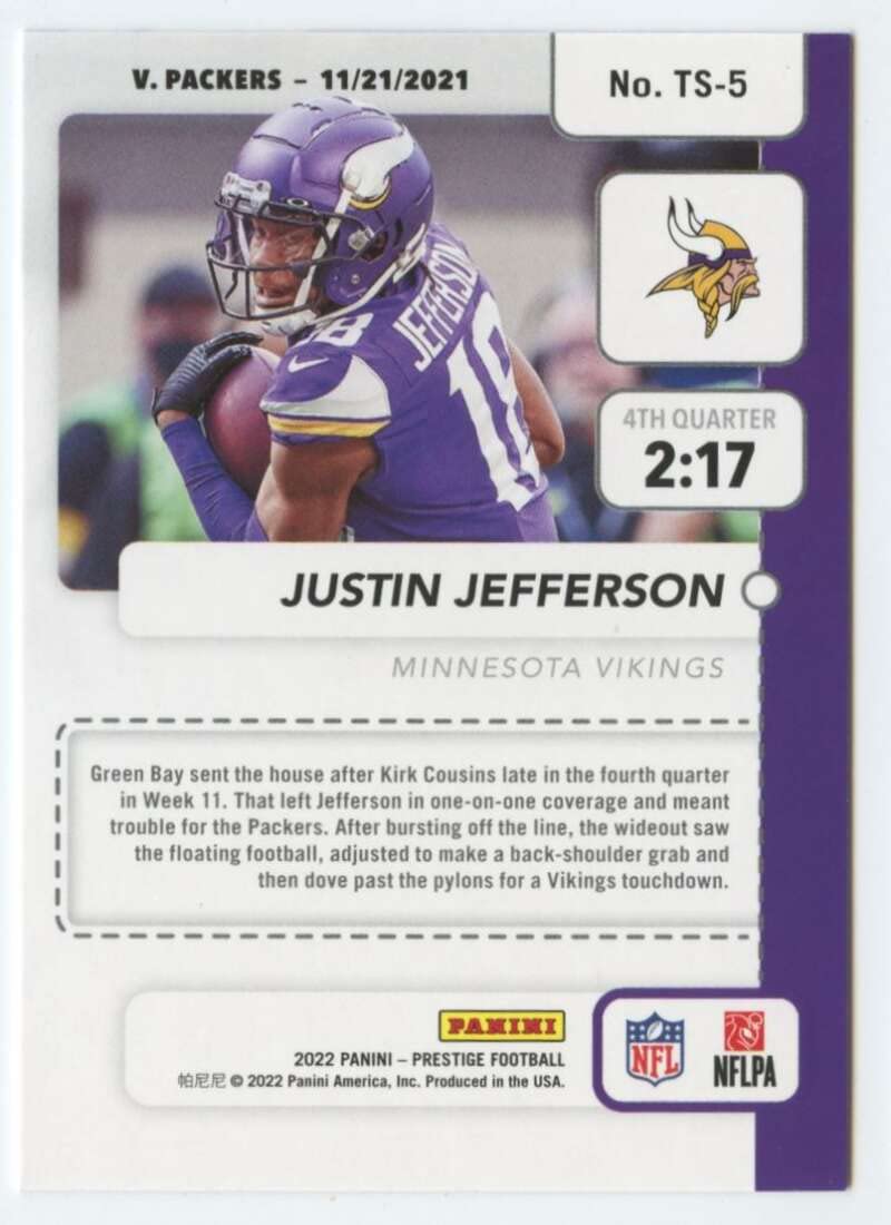 2022 Panini Prestige Time Stamped #5 Justin Jefferson Minnesota Vikings NFL Football Trading Card