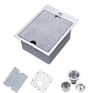 UFaucet 15x20 Drop in Bar Sink Top Mount Stainless Steel Wet Bar Sink 15 Inch Topmount Handmade Modern Commercial Small Kitchen Sink Single Bowl Workstation Prep Sink with Grid&Strainer&Cutting Board