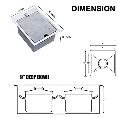 UFaucet 15x20 Drop in Bar Sink Top Mount Stainless Steel Wet Bar Sink 15 Inch Topmount Handmade Modern Commercial Small Kitchen Sink Single Bowl Workstation Prep Sink with Grid&Strainer&Cutting Board