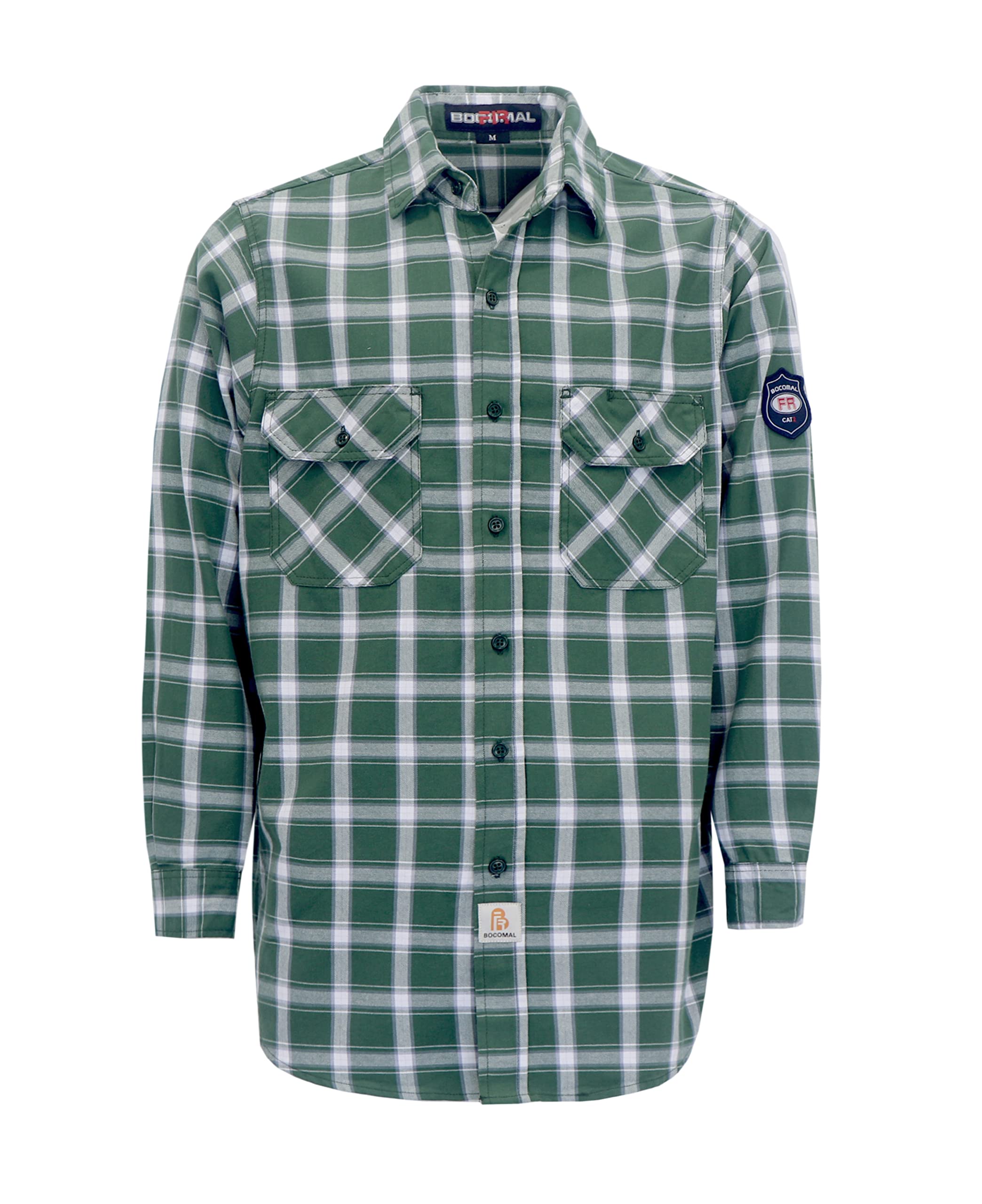 BOCOMAL FR Shirts for Men(Green/White) Flame Resistant/Fire Retardant Plaid Shirt 7oz Men's Welder Shirt