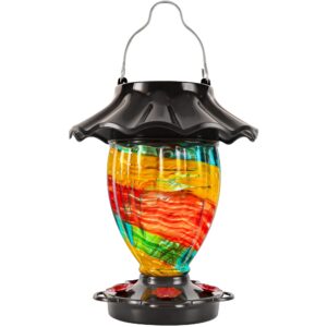 lujii solar hummingbird feeder for outside, color changing, hand blown glass, 32 fl.oz never leak, waterproof & rustproof, lighted lantern for patio decor, unique gift for bird lover (ribbon)