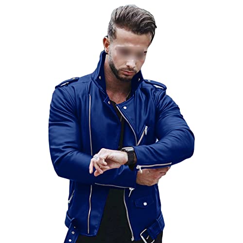 Maiyifu-GJ Men's Lapel Faux Leather Biker Jacket Asymmetric Zip Lightweight Punk Coat Vintage Slim Fit PU Leather Jackets (Dark Blue,XX-Large)