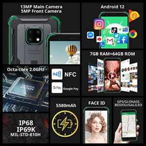 Blackview Rugged Smartphone BV4900Pro,7GB+64GB/SD 256GB 4G Dual SIM Unlocked Cell Phones,IP68 Waterproof Android 12 Phones,5580mAh 5.7 Inch Rugged Mobile Phone,Face ID/NFC/OTG/GPS T-Mobile Phone