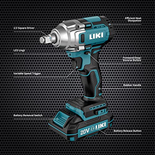 LIKI Cordless Impact Wrench 1/2"，1/2 Impact Gun Brushless Impact Driver 300 Ft-lb High Torque 3000 RPM, 20V Electric Impact Wrench Kit with 1 Hour Fast Charger