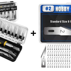 DIYSELF 16-Piece Craft Knife Set with 100 Pack Exacto Knife Blade Refills #2, SK5 Carbon Steel Exacto Blades Refill Craft Art Knife Replacement Blades for Hobby, Scrapbooking, Stencil