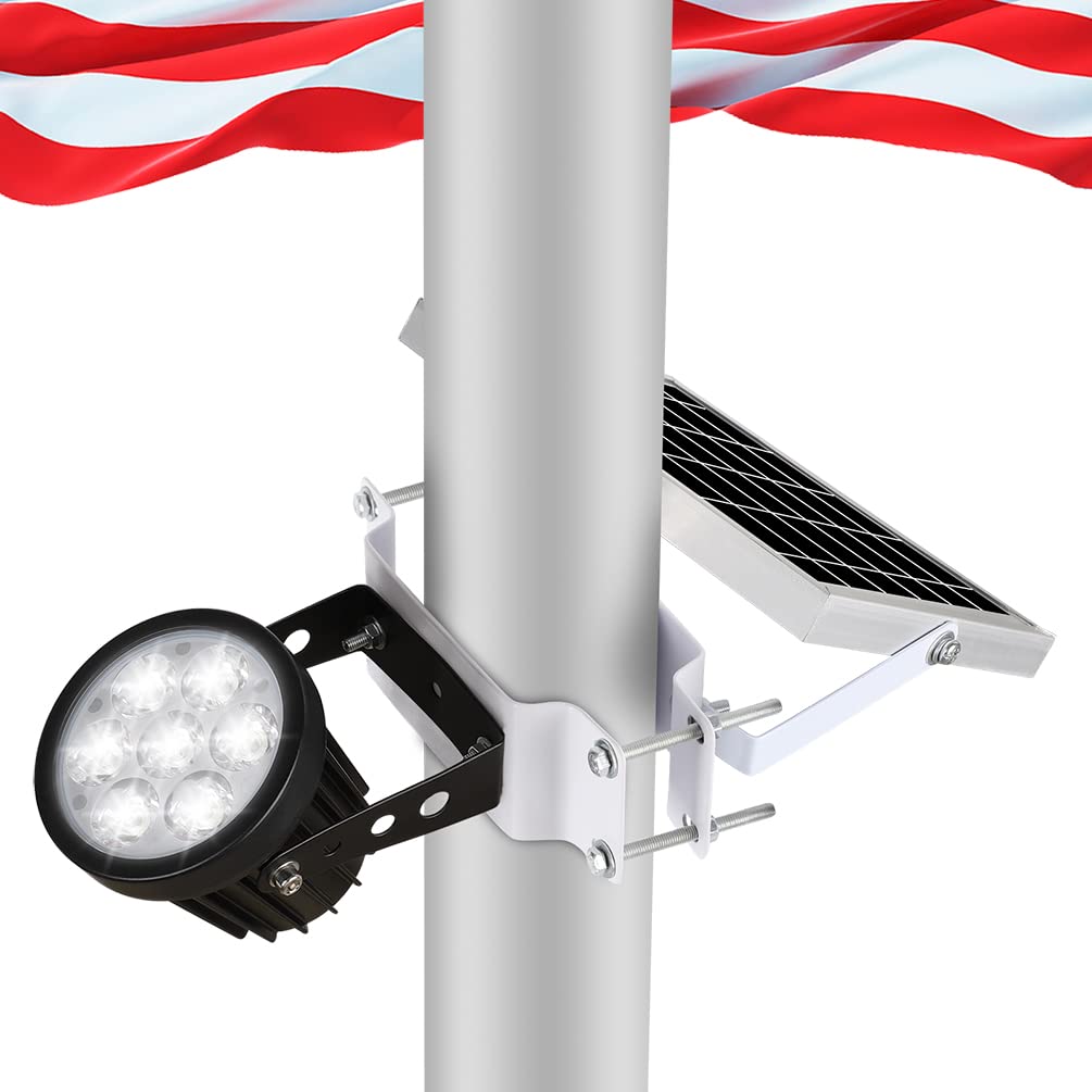 Joylight Flag Pole Light Solar Powered Outdoor, Solar Flagpole Light 6000K White Led IP65 Waterproof Dusk to Dawn 3 Mounted Ways Clamp Ground Wall for Flag Pole