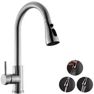 kitchen faucet with pull down sprayer, high arc single handle single hole stainless steel kitchen sink faucet with 3 functions sprayer for commercial modern rv, brushed nickel