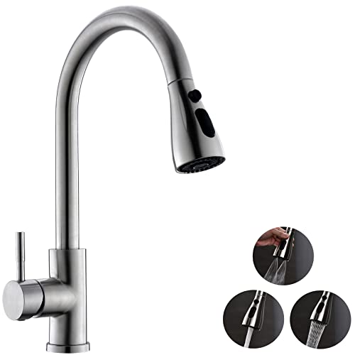 Kitchen Faucet with Pull Down Sprayer, High Arc Single Handle Single Hole Stainless Steel Kitchen Sink Faucet with 3 Functions Sprayer for Commercial Modern RV, Brushed Nickel