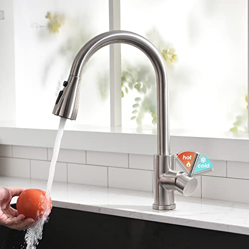 Kitchen Faucet with Pull Down Sprayer, High Arc Single Handle Single Hole Stainless Steel Kitchen Sink Faucet with 3 Functions Sprayer for Commercial Modern RV, Brushed Nickel